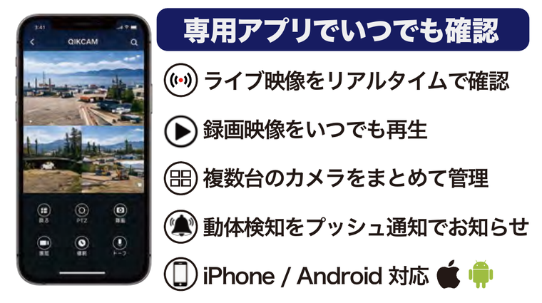 専用アプリでライブ映像、録画、複数台管理、動体検知通知を確認