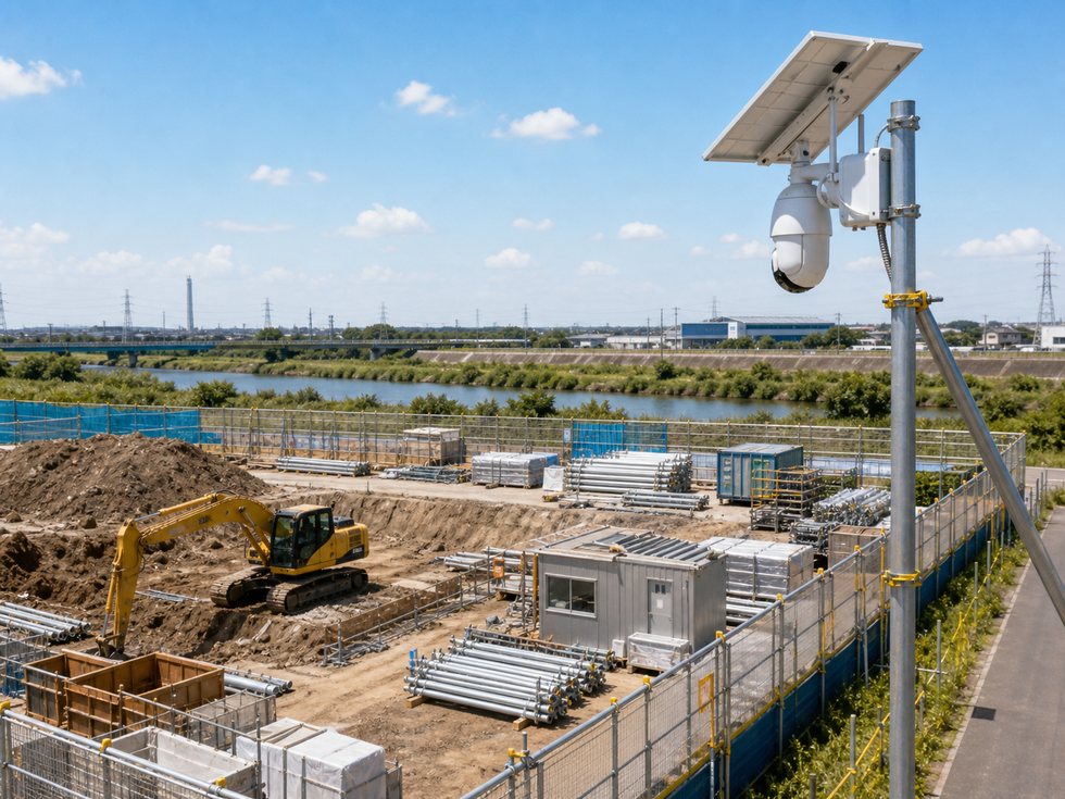 高所に設置したソーラー監視カメラで建設現場を見下ろすイメージ