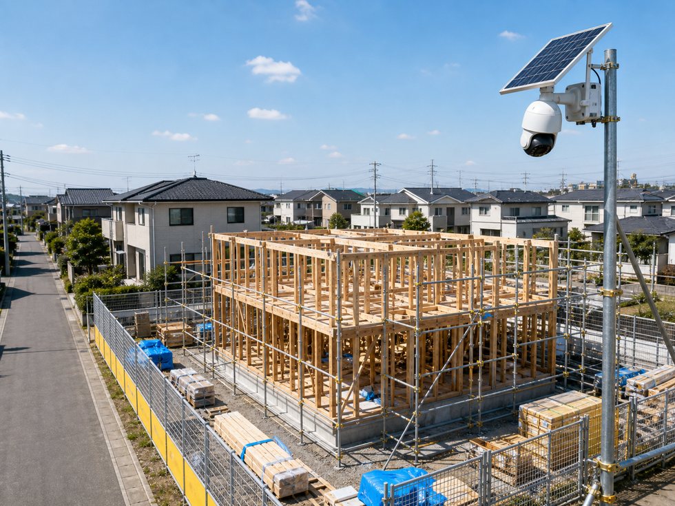 高所に設置したソーラー監視カメラで住宅建築現場を確認するイメージ